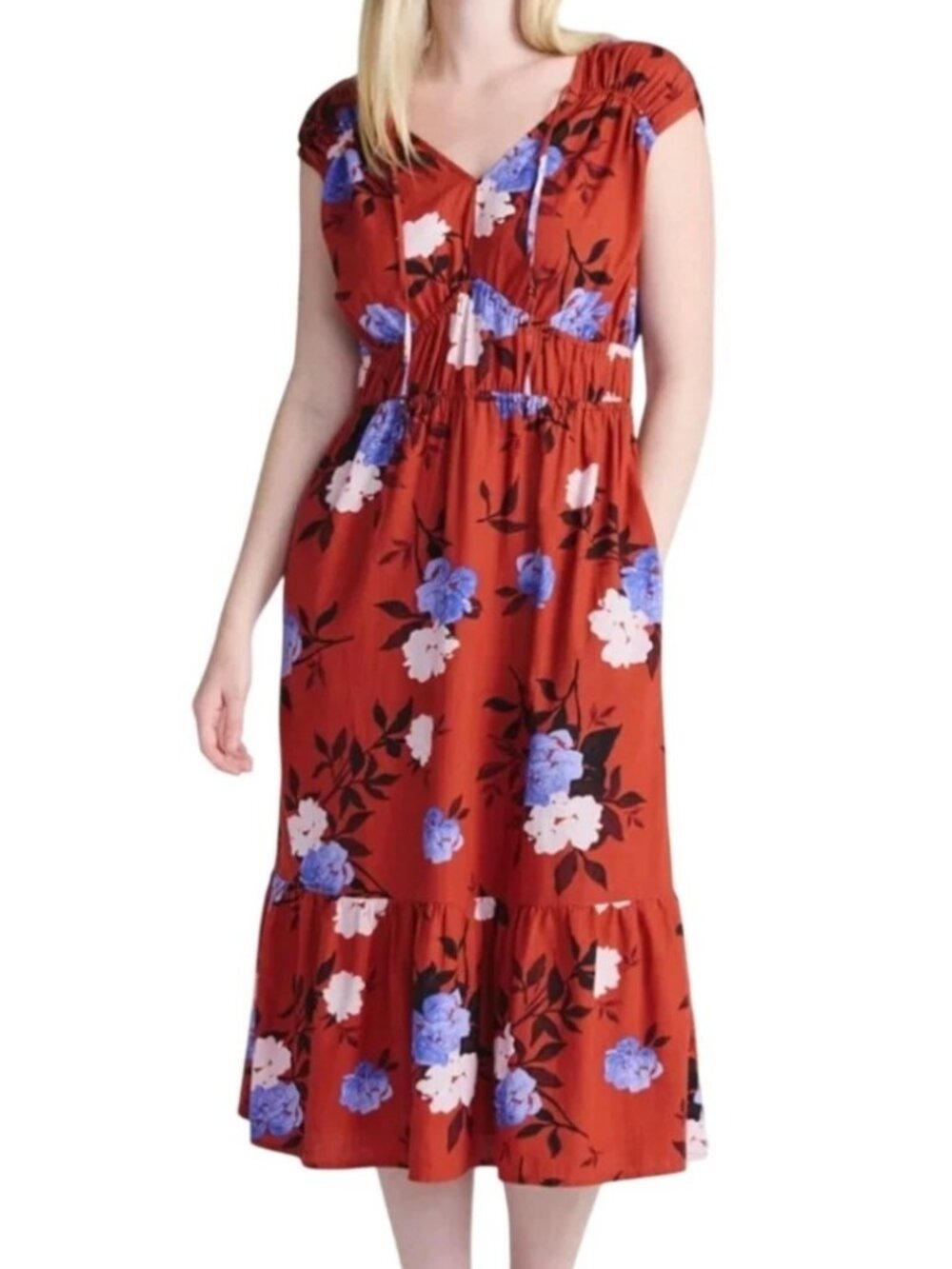 WOMEN'S TIME AND TRU FLORAL MIDI DRESS (SIZE L 12-14)